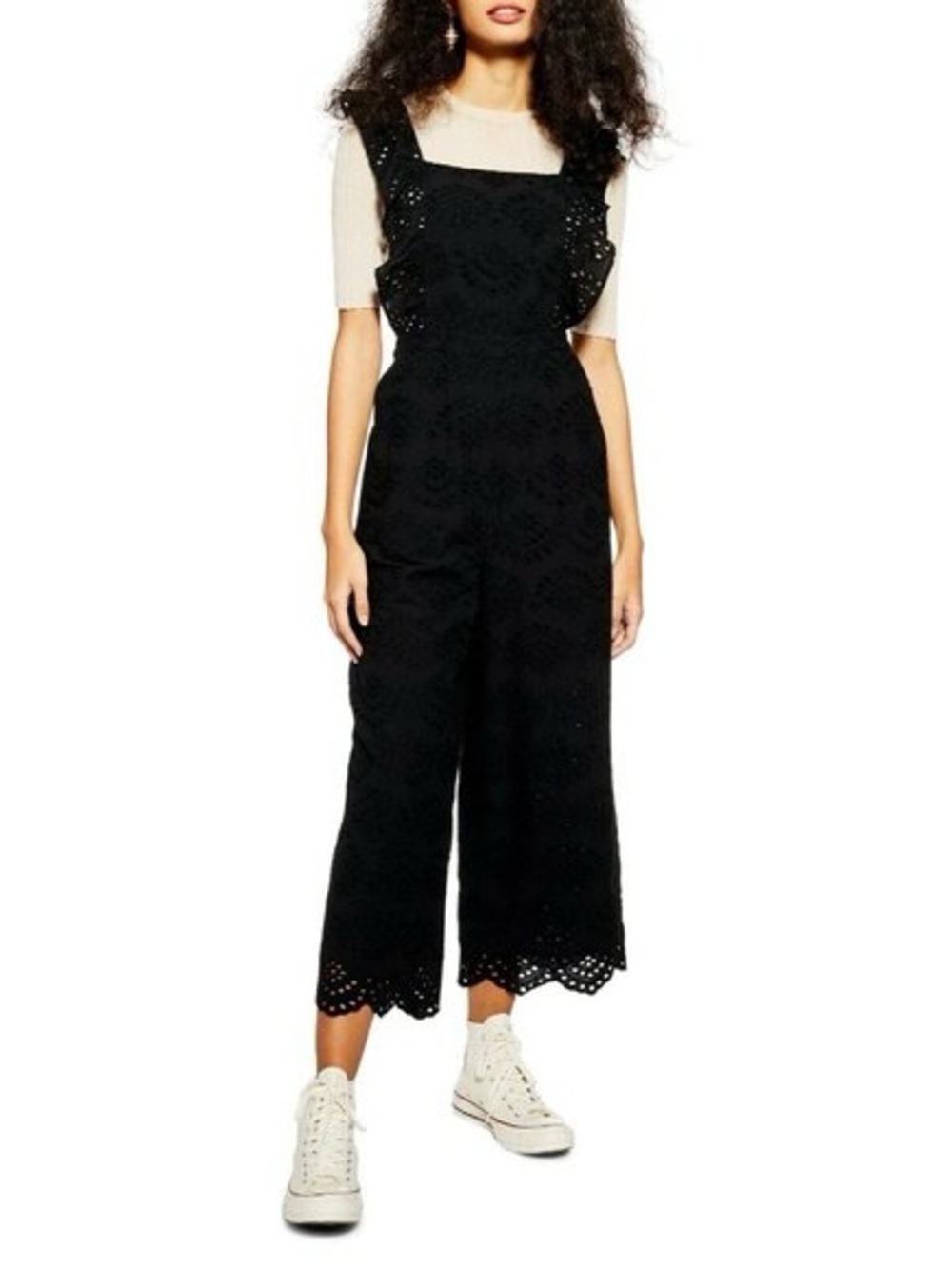 Topshop Eyelet Black Ruffle Overall Jumpsuit Boho Cottagecore Cotton Size 2